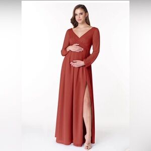 Flowy Long Sleeve Chiffon Long Maternity Dress Terracotta